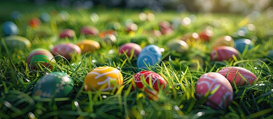 Colorful Easter eggs scattered in lush green grass, perfect for celebrating the Easter holiday. Copy space image available.