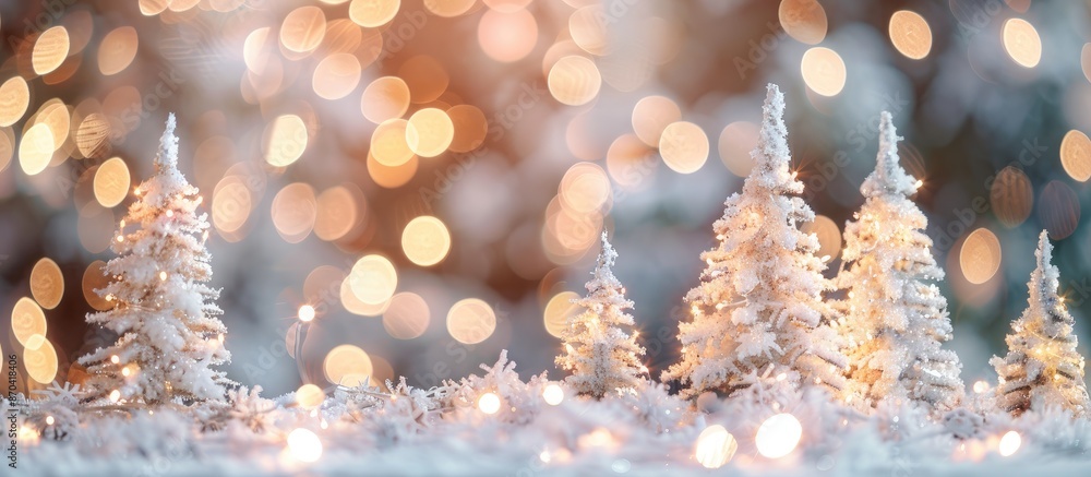 Poster festive white christmas trees adorned with beautiful lighting against a blurred bokeh background for
