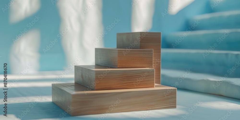 Poster a stack of wooden blocks on a bed. the blocks are stacked in a pyramid shape. the bed is covered in 