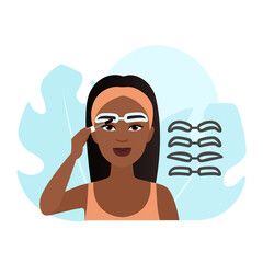 Woman drawing brow with eyebrow stencils of different shape, makeup routine vector illustration