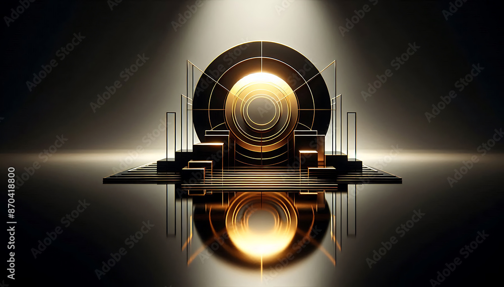 Poster a 3d rendering of a black and gold geometric structure, with a large gold circle in the center. the 