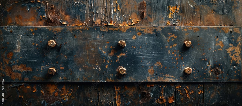 Poster a weathered steel plate with rust spots on it set against a plain background offering ample blank sp