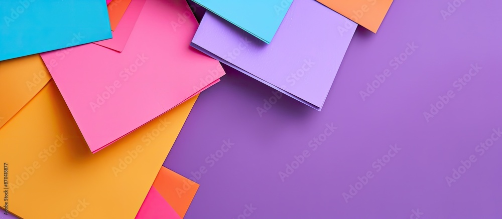Poster purple background with sticky notes and stationery, creating a vibrant composition with copy space i