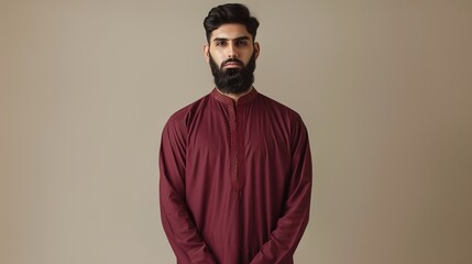 Obraz premium A model showcasing a men's maroon shalwar qamiz, standing against a beige background.