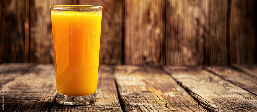 Poster a glass of refreshing mango harumanis juice on a wooden background with clear focus and room for tex