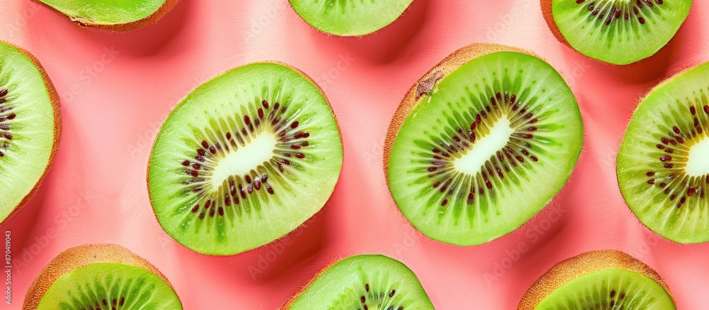 Poster kiwi fruits arranged in a flat lay on a surface with copy space image in green and pink tones.
