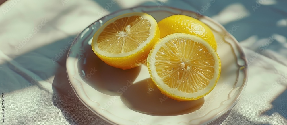 Poster a lemon sliced in two parts, with a copy space image showing both halves next to a whole lemon on th