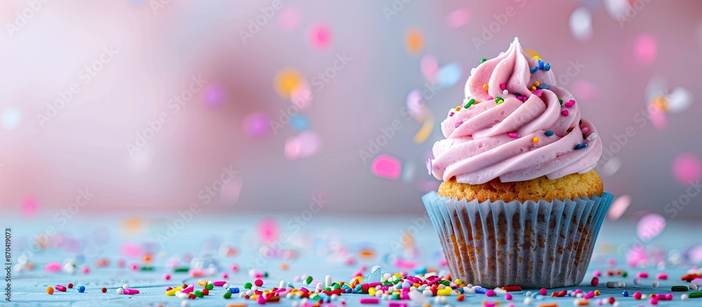 Poster delicious cupcake with colorful sprinkles and frosting on a bright background with copy space image.