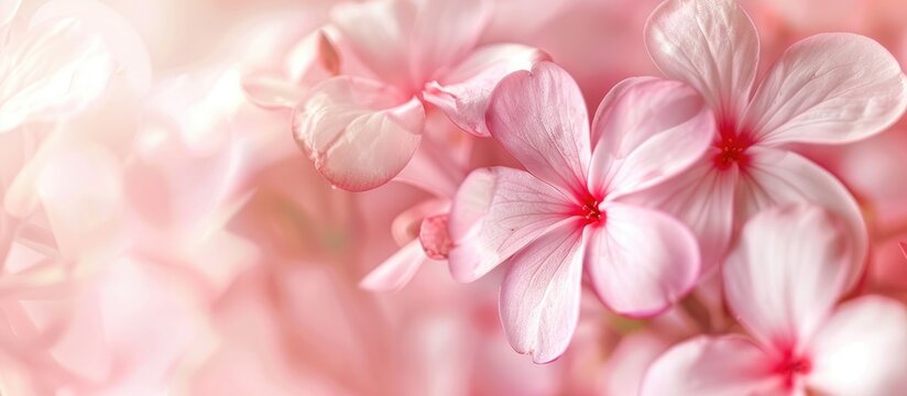 Pink flowers showcasing five delicate petals surrounding a white focal point. (copy space image)
