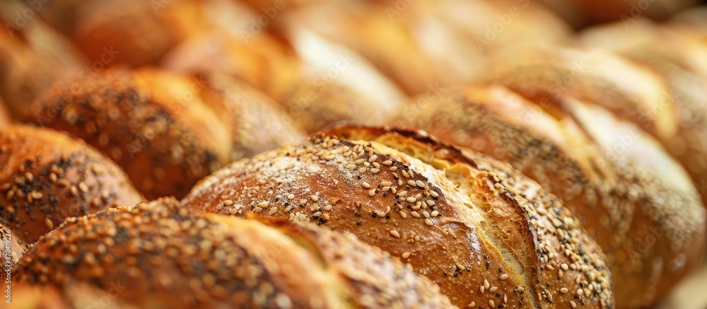 Poster close-up view of rows of freshly baked whole-wheat bread loaves with copy space image available.