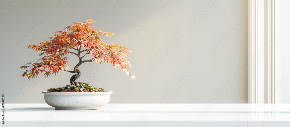 Poster japanese maple bonsai tree set on a white desk with a blank area for an image. copy space image. pla
