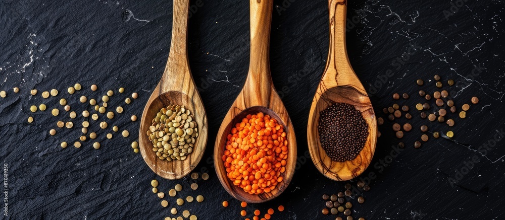 Poster image of three wooden spoons holding lentils set on a black background with space for text, photogra