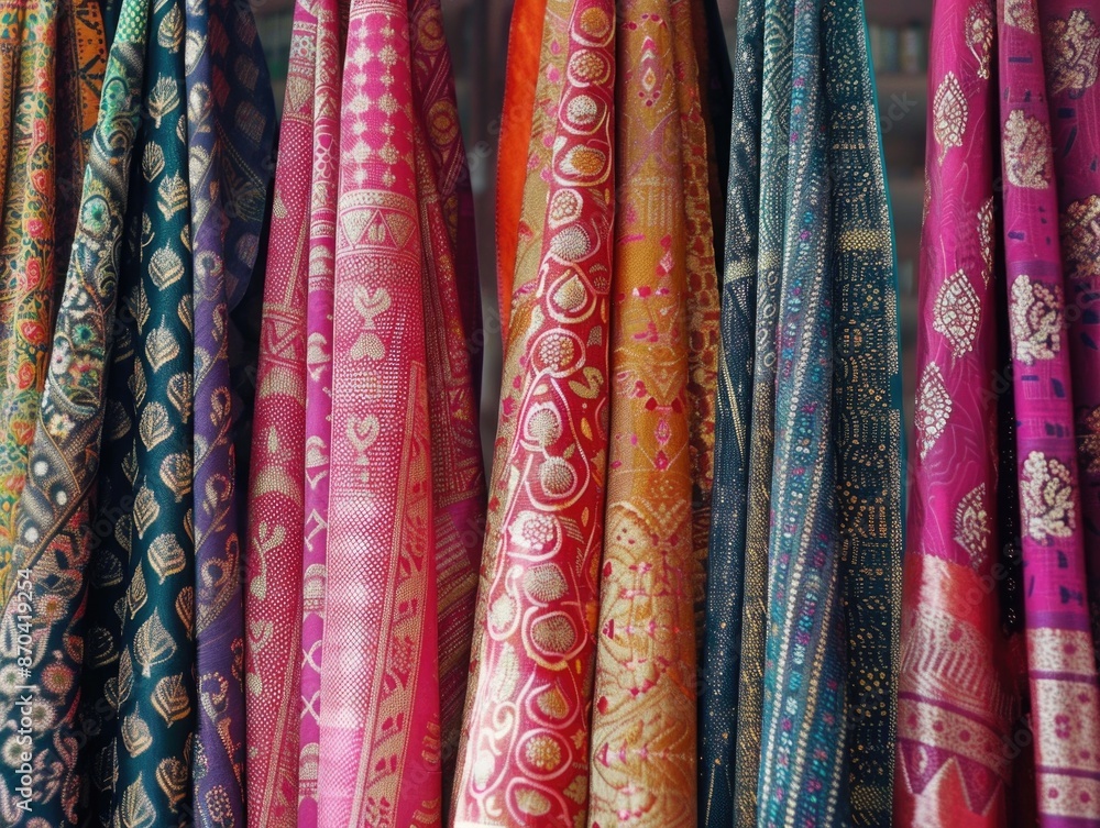 Poster a row of colorful fabrics hang from a rack. the colors are bright and vibrant, creating a lively and