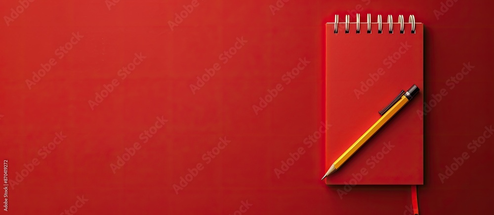 Poster a pencil and notebook rest on a vibrant red backdrop, creating a striking image with copy space.