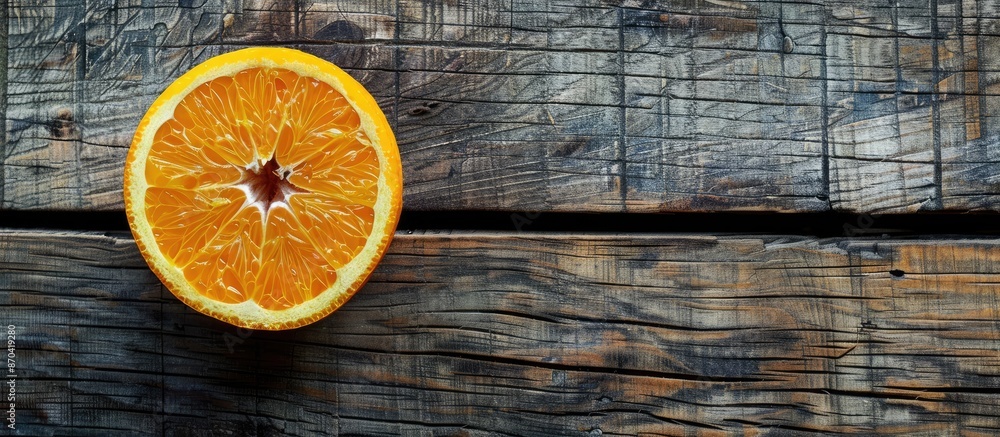 Poster a halved orange placed on a wooden surface, providing a backdrop with ample copy space for an image.