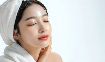 Beautiful young woman after washing her face, smooth, beautiful facial skin glowing face Suitable for advertising cosmetics and skin care products. Capturing the beauty and elegance of nature