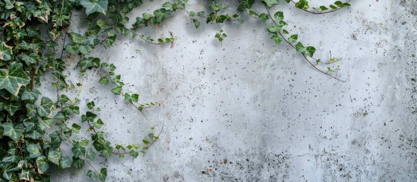Copy space image of a battered wall partly concealed by Common Ivy, also recognized as Hedera helix or European ivy.
