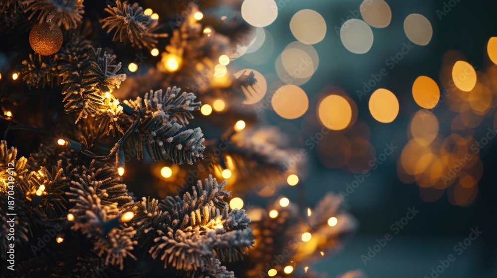 Poster a christmas tree with lights on it. the lights are on the branches and the tree is covered in snow