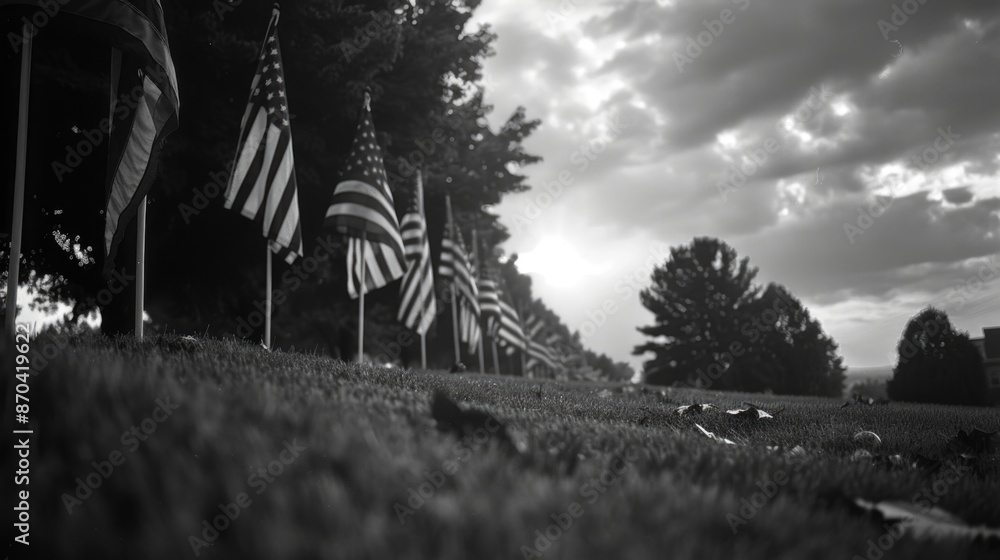 Poster a row of american flags are displayed on a field. the flags are arranged in a line, with some of the