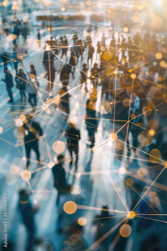 Poster a blurry image of a crowd of people with a lot of lines connecting them. the image has a busy and ch