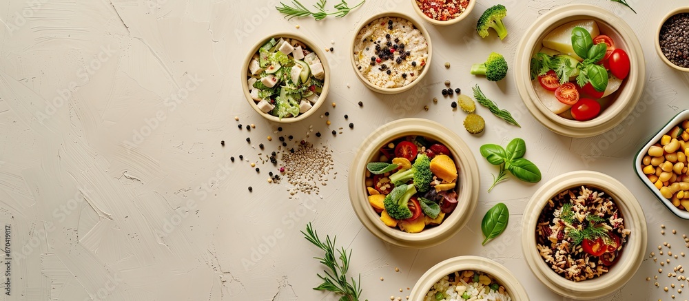 Poster beige background with eco-friendly food containers in a flat lay setup for a banner design with ampl