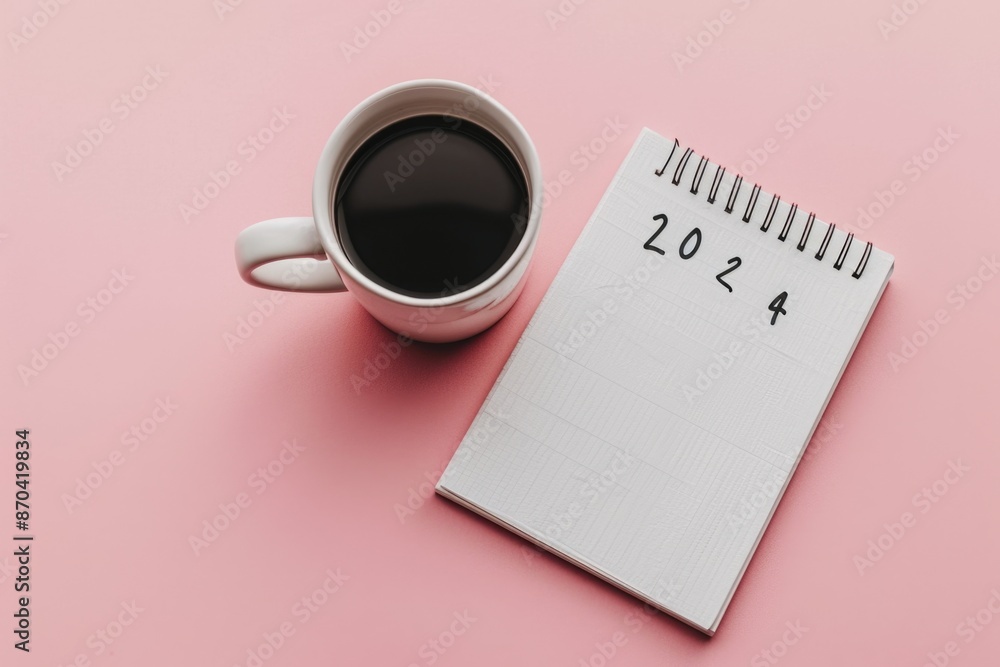 Poster a white notebook with the number 24 written on it. a cup of coffee is sitting on top of the notebook
