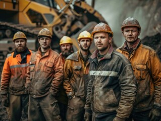Fototapeta premium A group of men in construction gear are posing for a photo. They are all wearing hard hats and orange jackets
