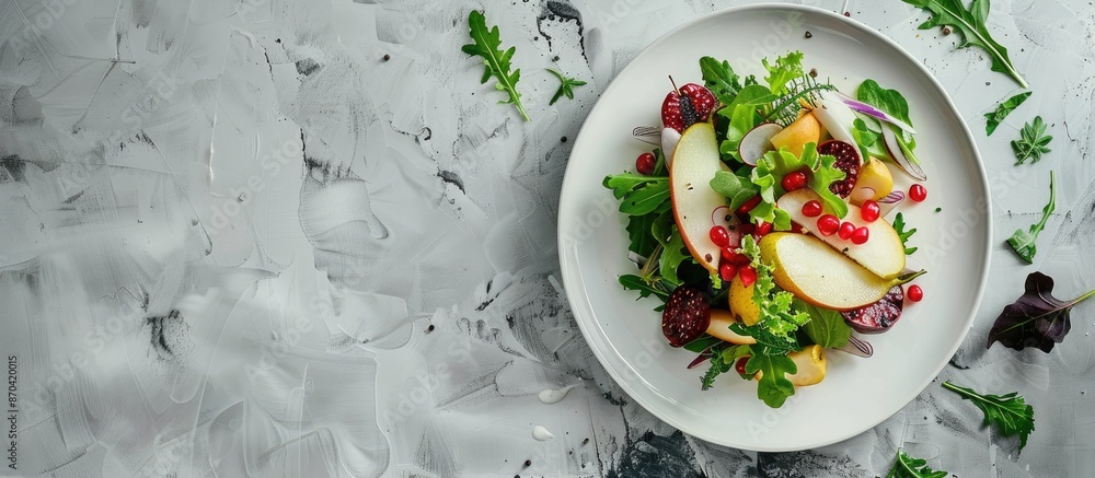 Poster flat lay presentation of a fresh salad featuring pears and various ingredients on a grey table, with