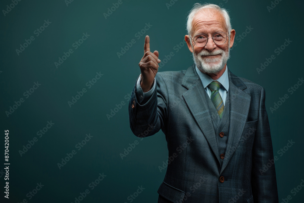 Poster a man in a suit and tie is pointing to the camera with his finger. he is smiling and he is happy