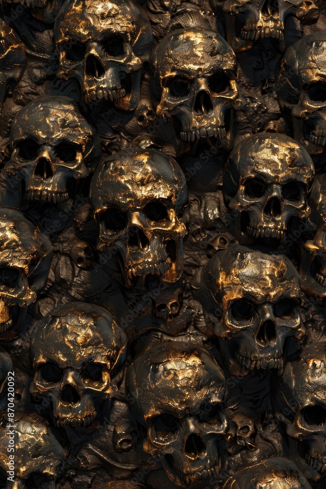 Poster a close up of skulls with gold accents. the skulls are arranged in a pattern and appear to be part o