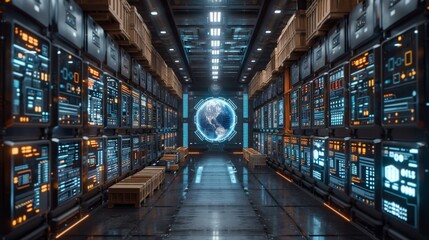Futuristic Data Center with Holographic Globe - Generative AI