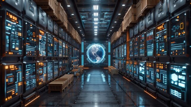 Futuristic Data Center with Holographic Globe - Generative AI - Powered by Adobe