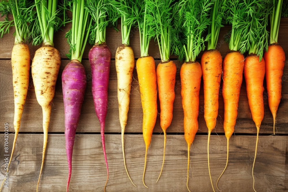 Poster a row of carrots of different colors are displayed on a wooden table. the carrots are arranged in a 