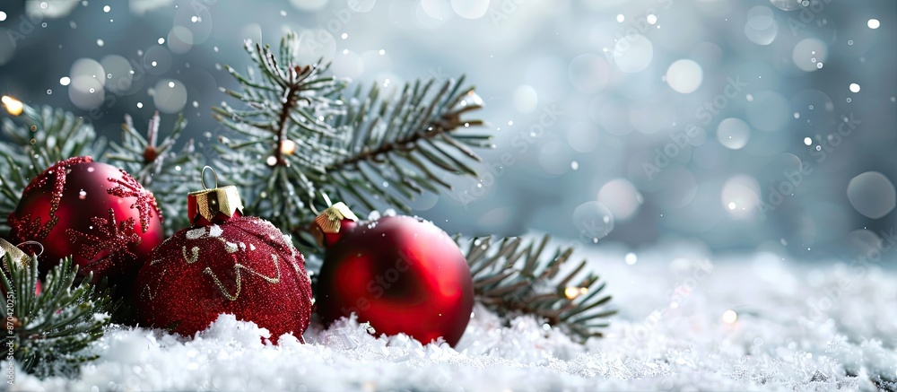 Sticker Ornaments adorning a snowy background with copy space image.