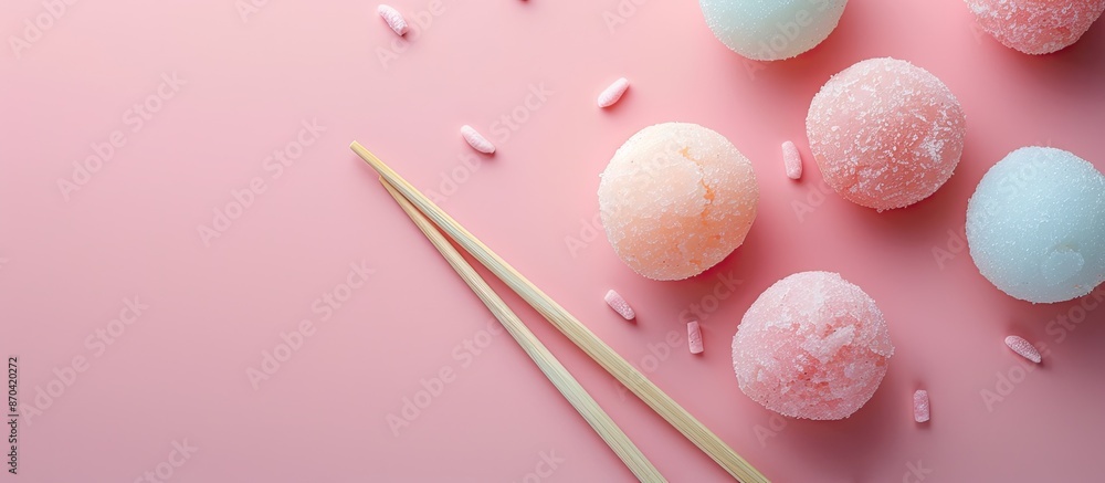 Poster colorful background sets the scene for delicious japanese mochi and chopsticks in a visually appeali