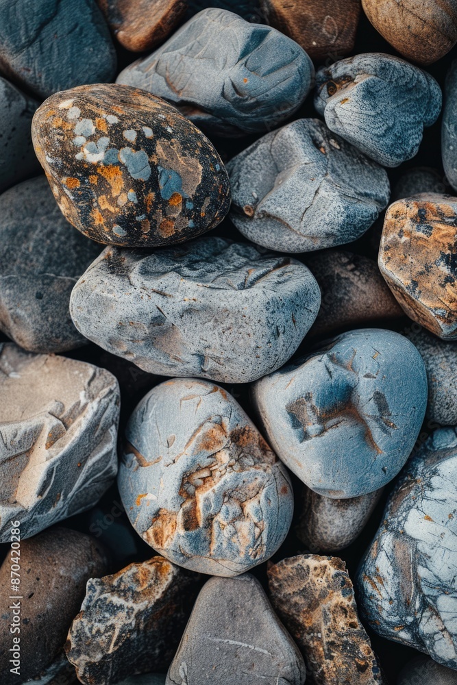 Poster a pile of rocks with a few of them being gray and some of them being brown. the rocks are all differ