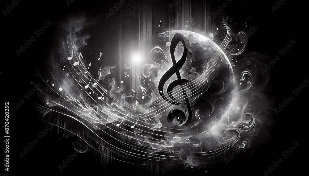 Poster a black and white image of a treble clef with musical notes around it. the treble clef is in the cen