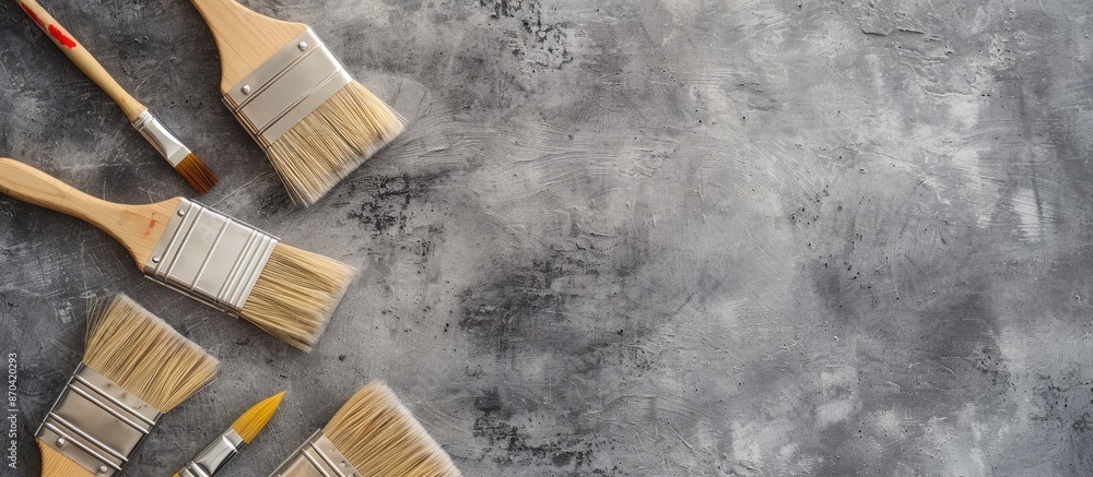Poster home improvement concept with paintbrush and tools. flat lay view with empty space for text or image