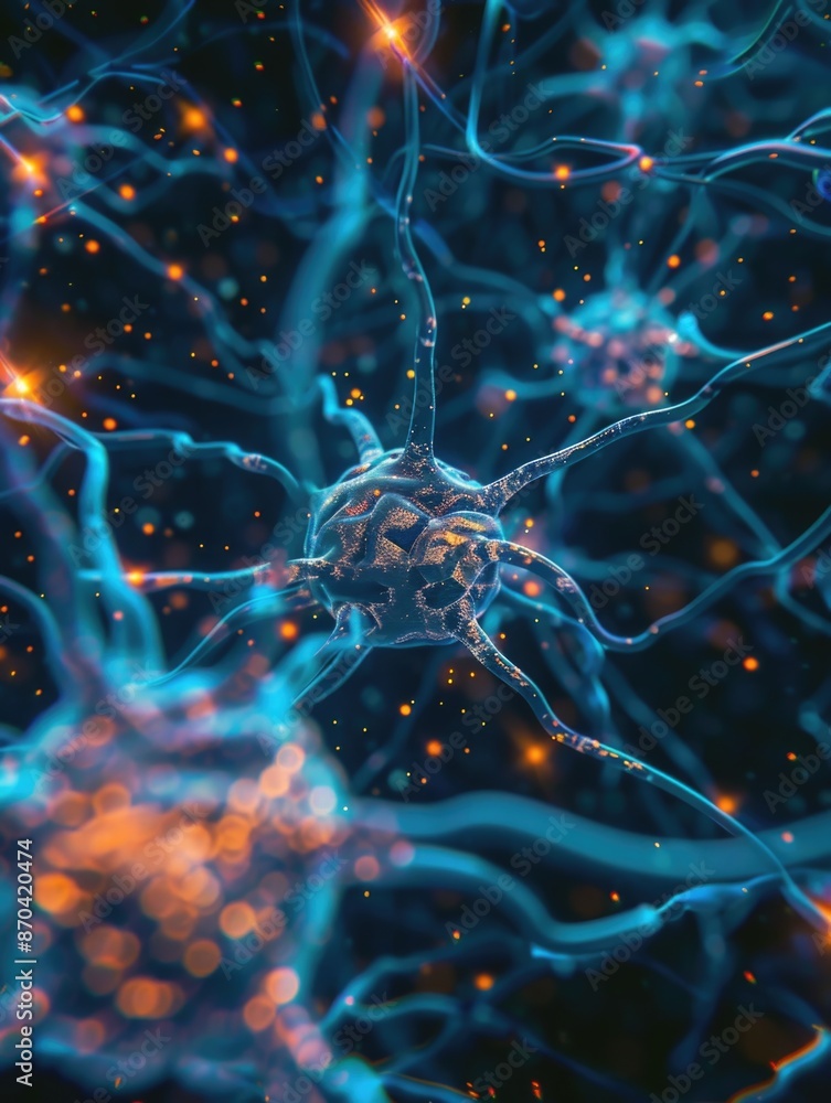 Aufkleber a close up of a brain with many neurons. the neurons are blue and orange. the image is a representat