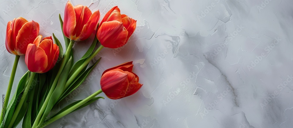 Wall mural Spring tulip flowers against a light backdrop, perfect for a Mother's Day greeting card with a festive floral arrangement and space for a message in the image. Copy space image