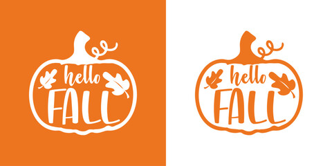Logo con texto manuscrito hello fall en silueta de calabaza para su uso en felicitaciones y tarjetas © teracreonte