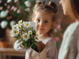 Naklejka premium A young girl holding a bouquet of flowers and a bag. She is looking at the camera