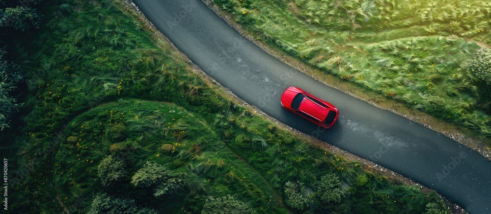 Poster an aerial perspective captures a drone image of a red suv on a curving road with copy space.