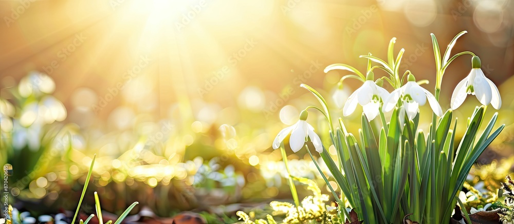 Poster selective focus on spring snowdrop flowers blooming on a sunny day, with room for text or other elem