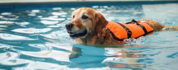 Golden retriever swimming in pool with life jacket.