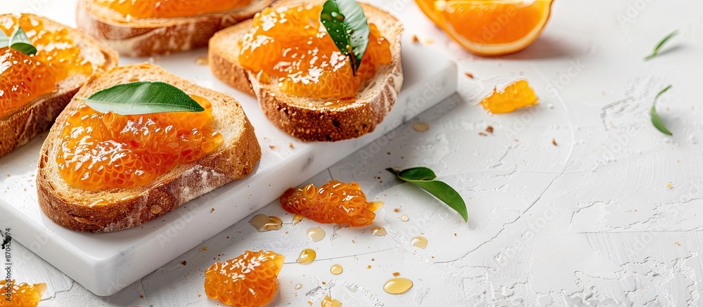 Poster delicious toasts with tangerine jam on a white backdrop showcasing ample copy space image.