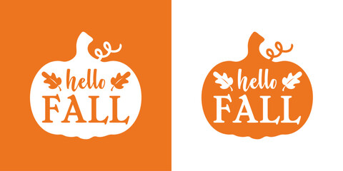 Logo con texto manuscrito hello fall en silueta de calabaza para su uso en felicitaciones y tarjetas © teracreonte