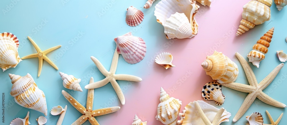 Poster a mockup with a colorful background features beach seashells and ample copy space image.