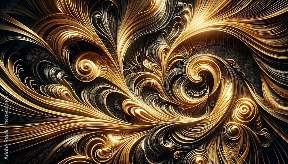 Poster an abstract design with swirling gold and black lines, creating a sense of movement and depth.