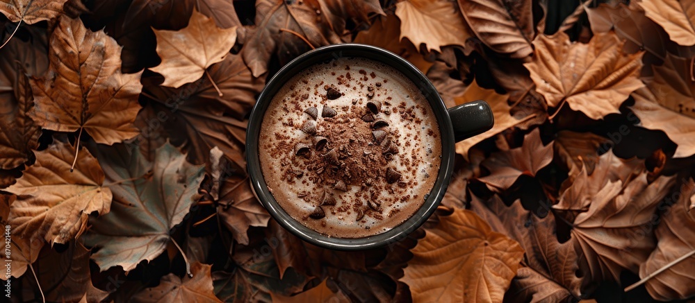 Poster an autumn-themed top-down view of a hot cocoa cup surrounded by leaves, creating an abstract still l